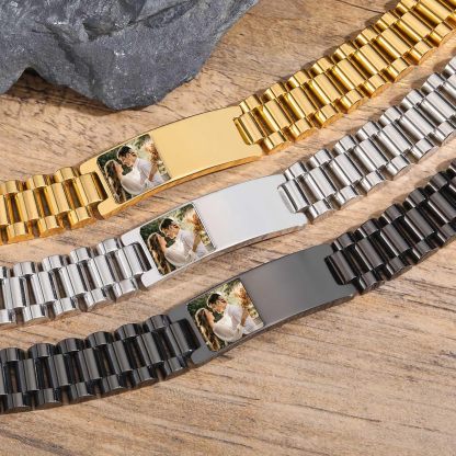 Personalized Picture Bracelet for Dad - Free Engraved Customized Photo Bracelets,Hypoallergenic Stainless Steel Adjustable Wristband,Trendy Custom Engraving Photo/Text/Name Bracelet Jewelry for Men