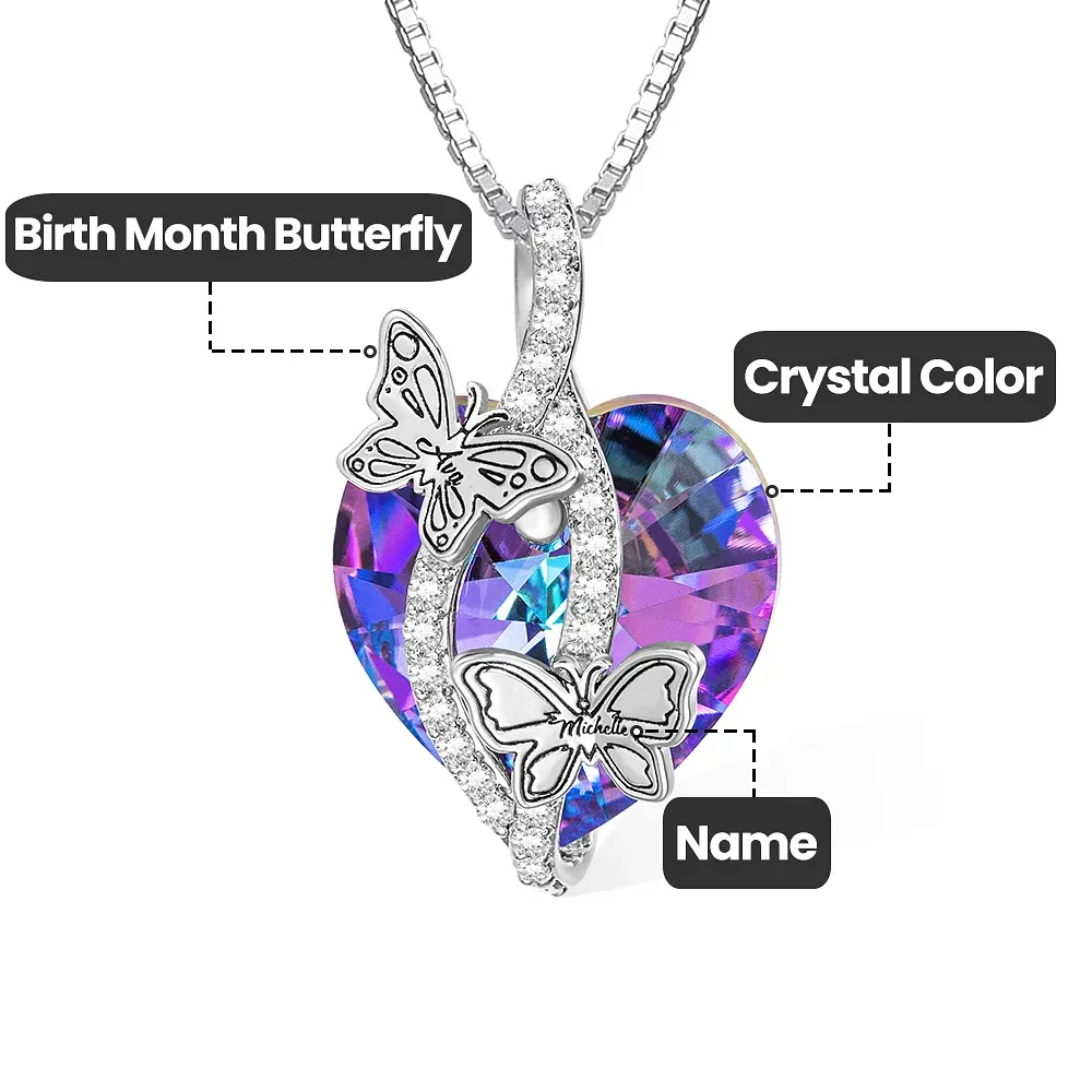 Personalized Butterfly Pendant Zircon Necklace Adorned with Heart Crystal Engraved Name Gift for Woman