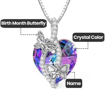 Personalized Butterfly Pendant Zircon Necklace Adorned with Heart Crystal Engraved Name Gift for Woman