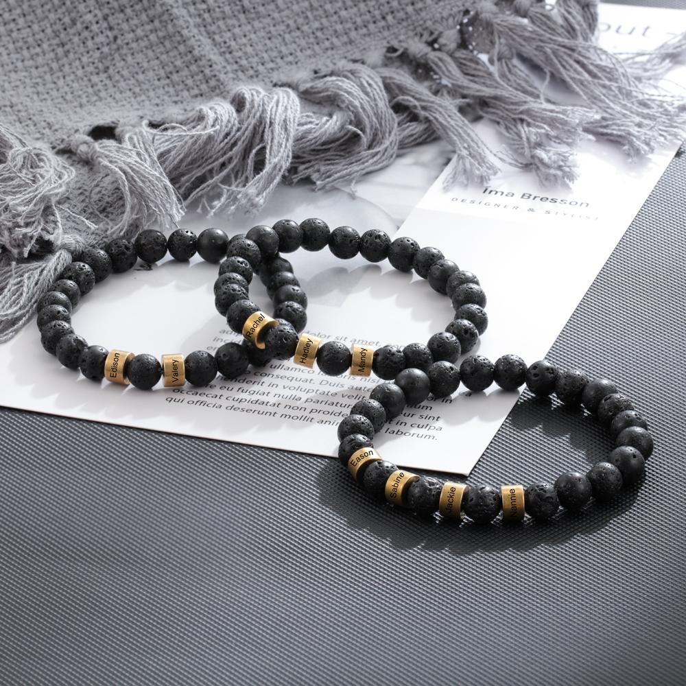 Serene Black Onyx Men Bracelet Personalized 3 Names Beaded Warp Bracelet Gift For Him