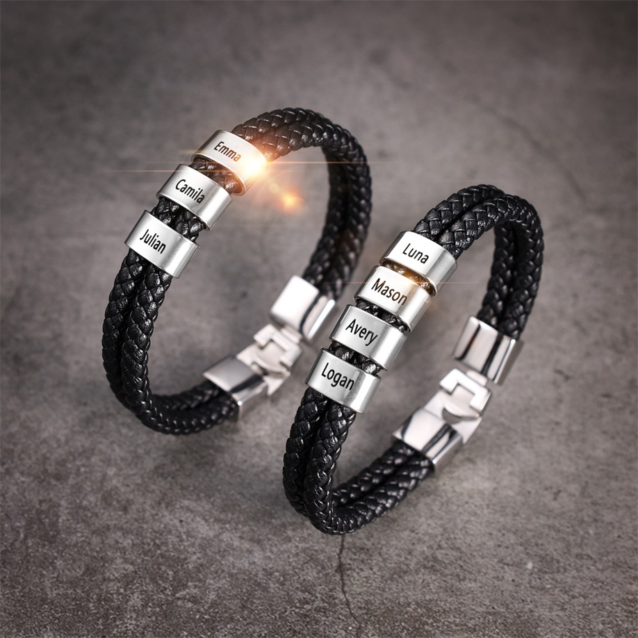 Father's Day🎁 Men Leather Bracelet with Engraved Beads