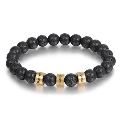 Serene Black Onyx Men Bracelet Personalized 3 Names Beaded Warp Bracelet Gift For Him