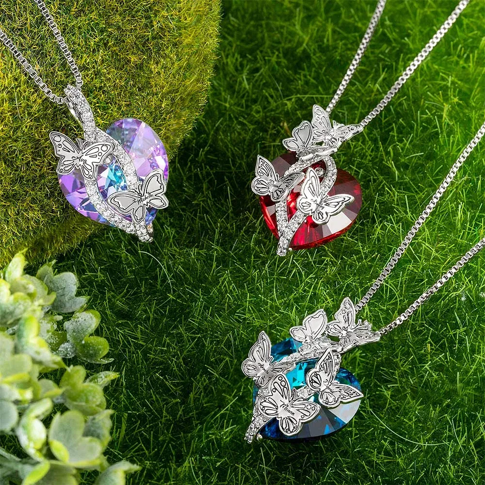Personalized Butterfly Pendant Zircon Necklace Adorned with Heart Crystal Engraved Name Gift for Woman