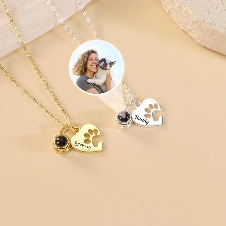 Personalized Name Heart-Shaped Paw Print Photo Projection Necklace/Bracelet