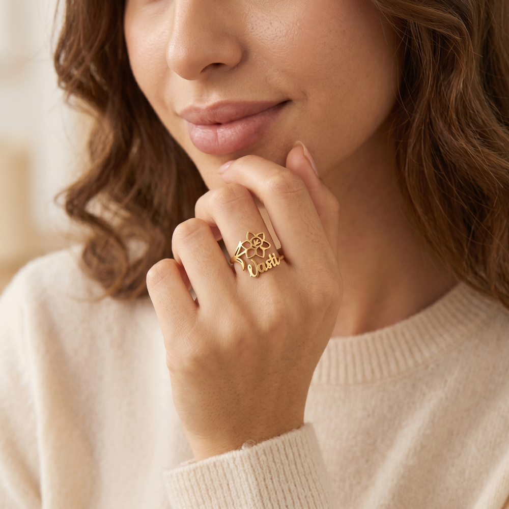 Personalized Birth Flower Name Ring