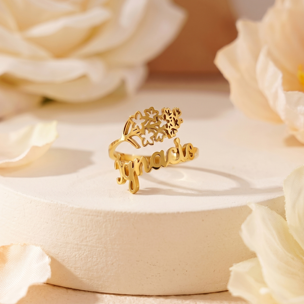Personalized Birth Flower Name Ring