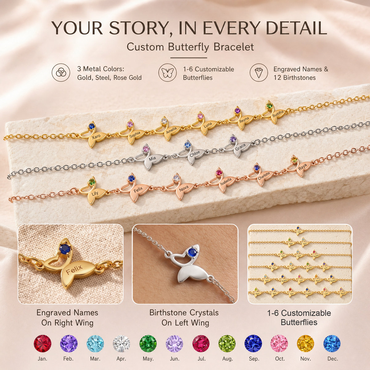Personalized Butterfly Birthstone Bracelet