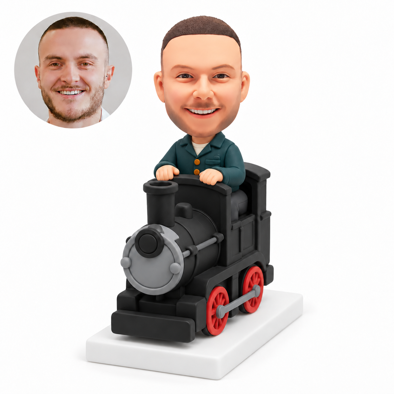 custom bobblehead figure train driver seated inside a miniature steam locomotive