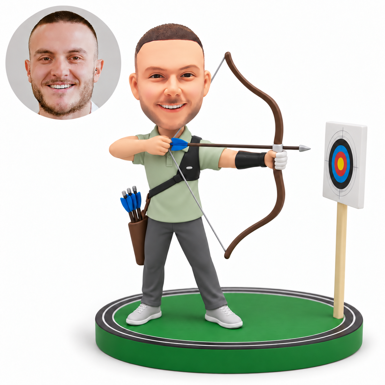 custom bobblehead figure male archer standing with a drawn bow a quiver and a target