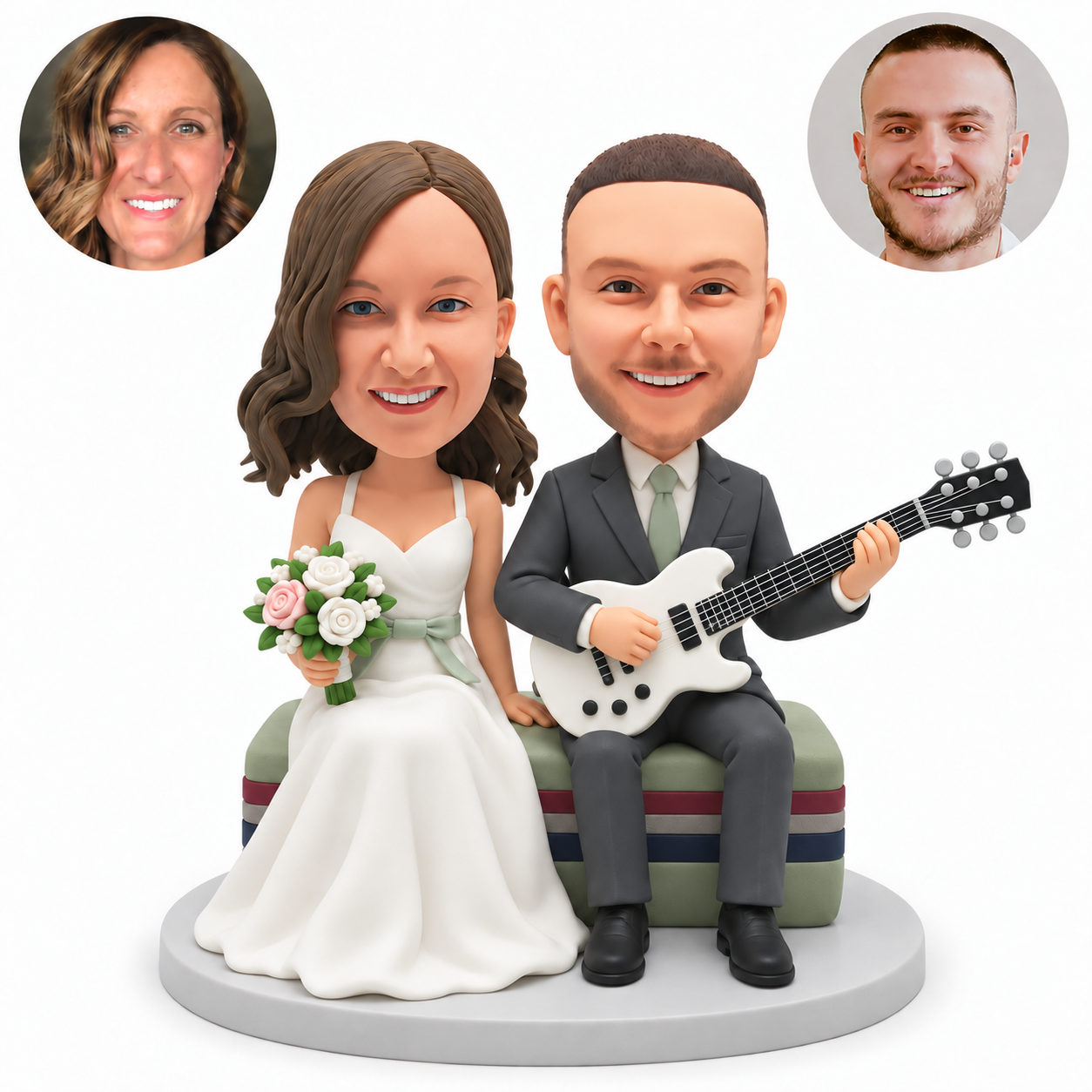 custom bobblehead figures wedding couple seated together with the groom playing an electric guitar and the bride holding a bouquet