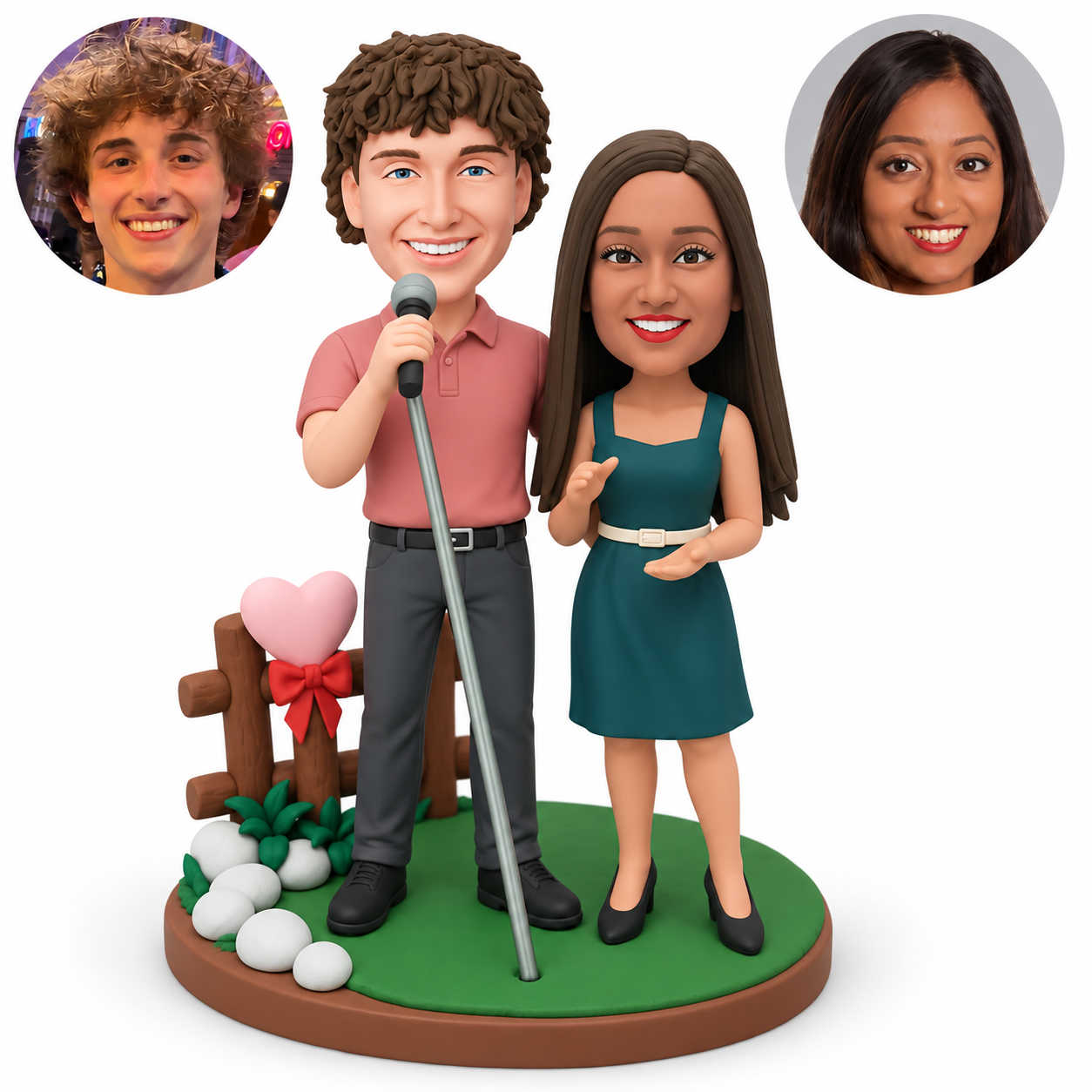 custom bobblehead figures singing couple with a man holding a microphone on a stand beside a woman gesturing in front of a heart-topped wooden fence