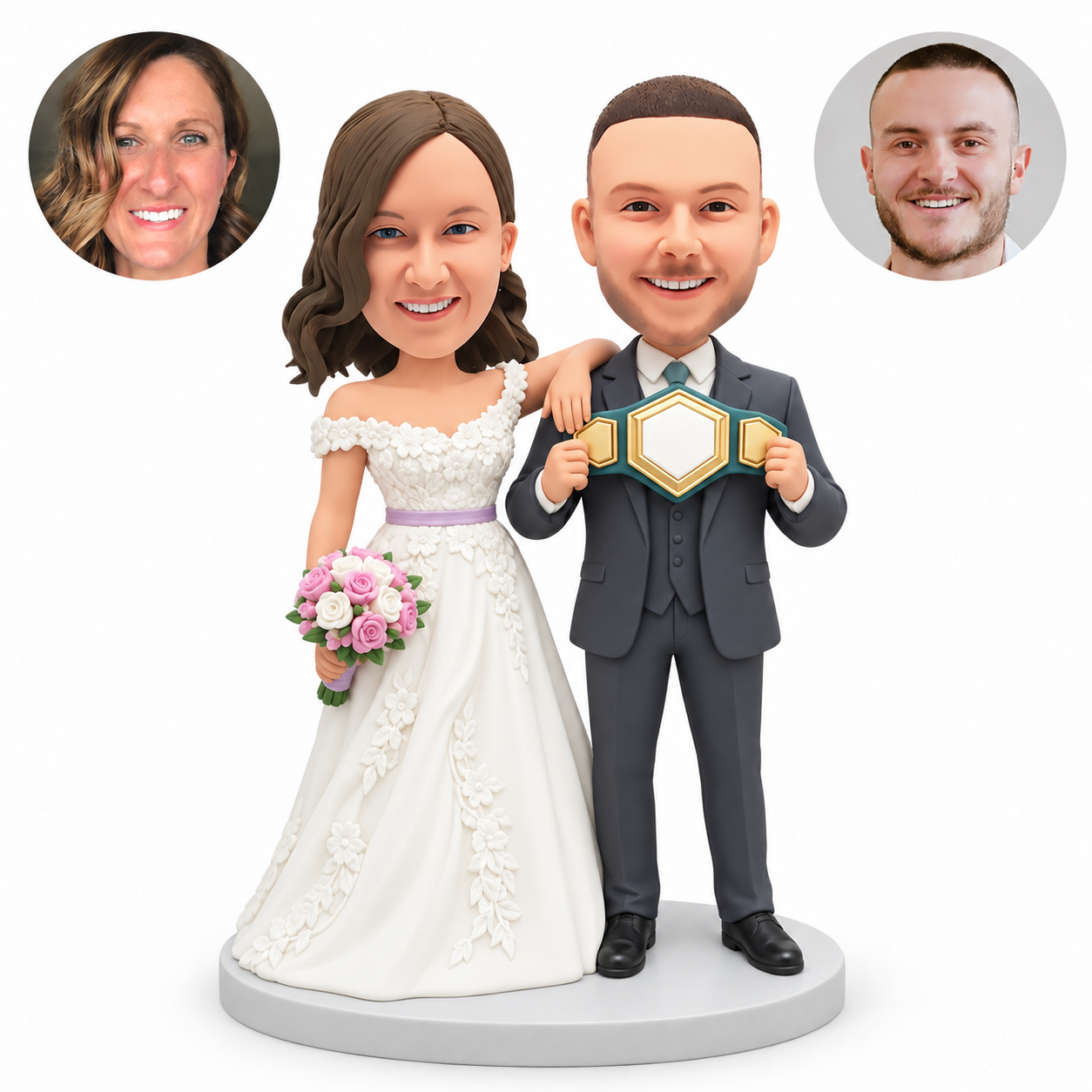 custom bobblehead figures wedding couple with the bride resting her arm on the groom's shoulder as he holds a championship belt at chest height
