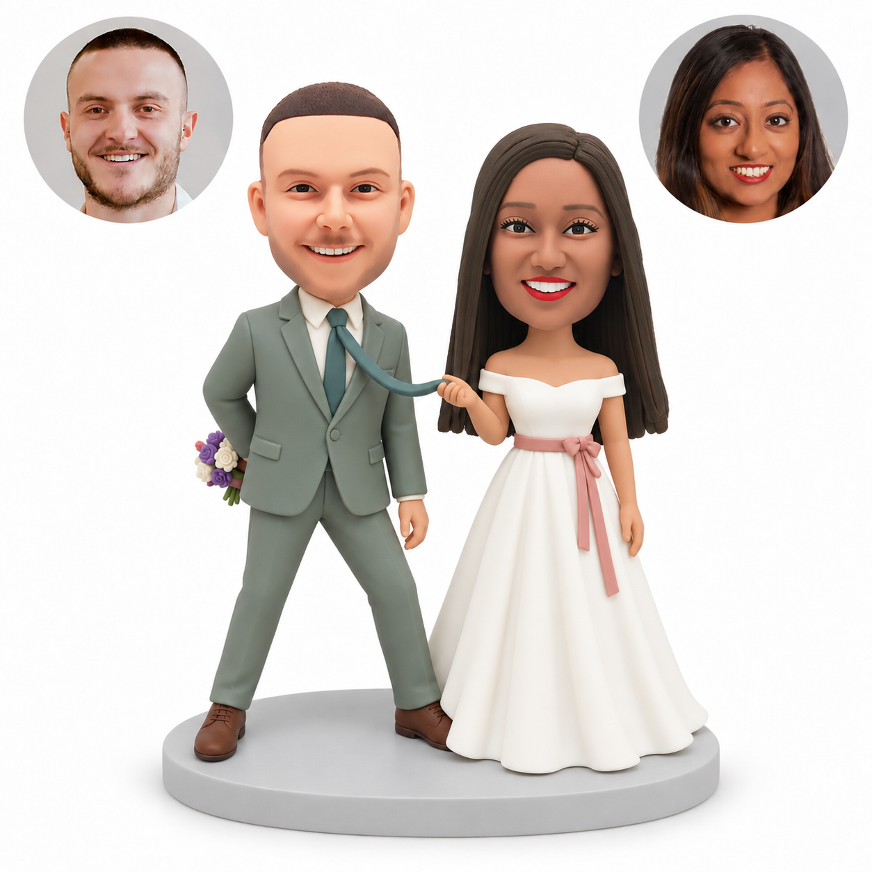 custom bobblehead figures wedding couple with the bride pulling the groom by his tie and the groom holding a bouquet behind his back