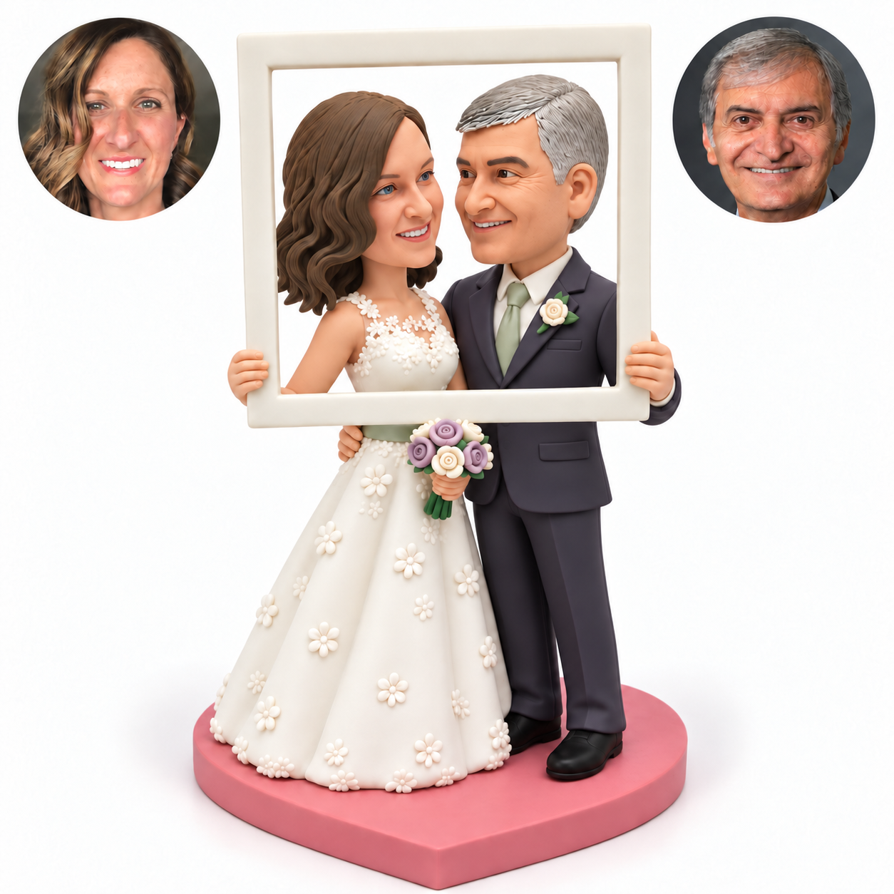 custom bobblehead figures wedding couple facing each other and holding a large rectangular photo frame