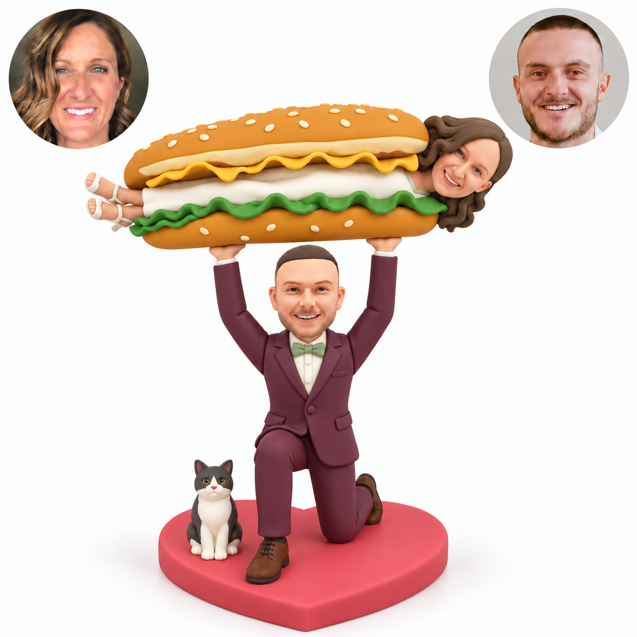 custom bobblehead figures kneeling groom lifting the bride in a long sandwich costume overhead with a fixed cat accessory