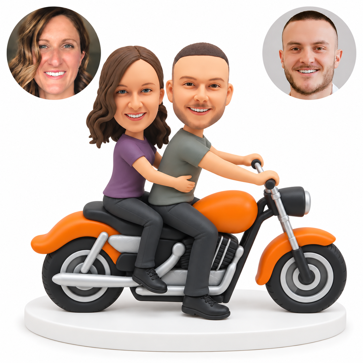 custom bobblehead figures couple riding a cruiser motorcycle with the passenger holding the driver around the waist