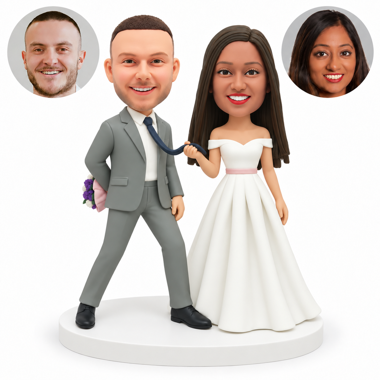 custom bobblehead figures wedding couple with the bride pulling the grooms tie and the groom hiding a bouquet behind his back