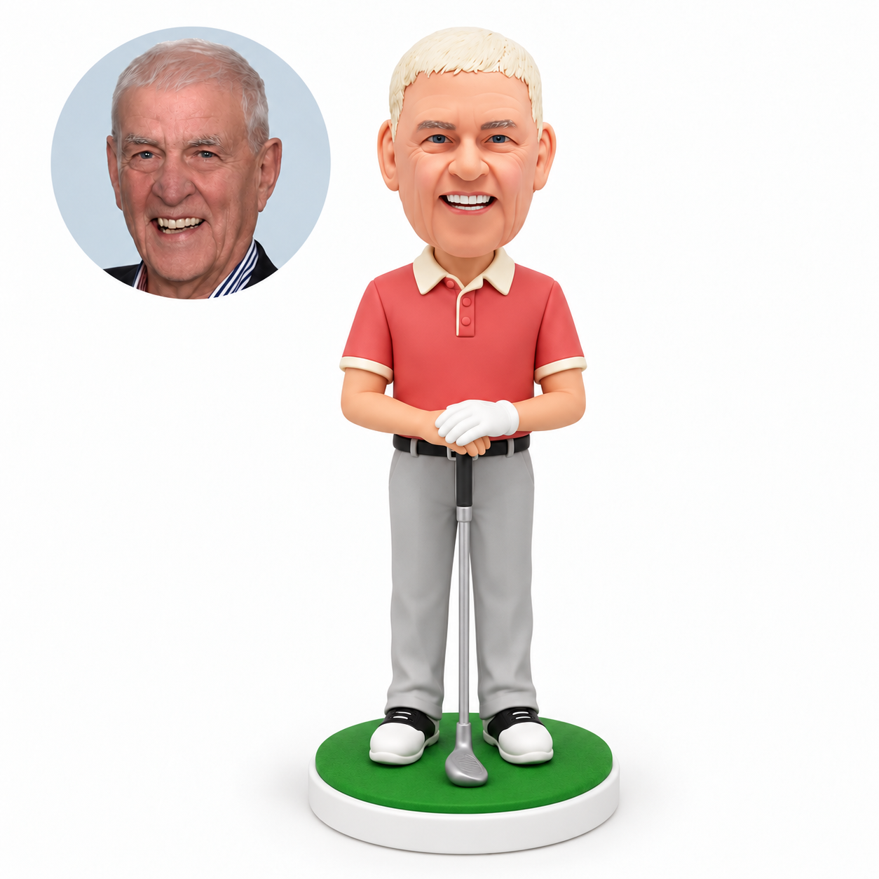 custom bobblehead figure male golfer standing with both hands stacked flat on top of an upright grounded golf club