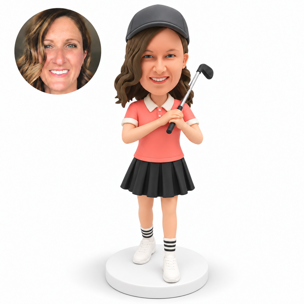 custom bobblehead figure female golfer holding a golf club over her left shoulder with both hands together at her upper chest