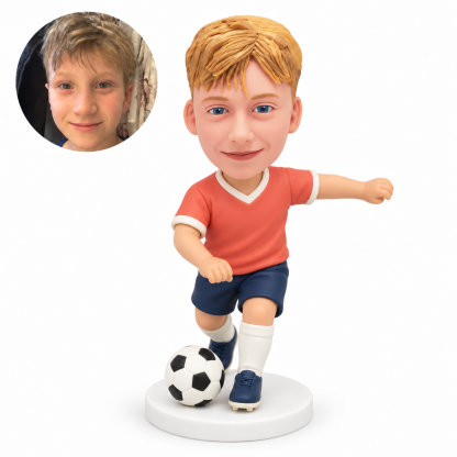 custom bobblehead figure boy soccer player running with one arm extended sideways and the opposite forearm bent at his waist
