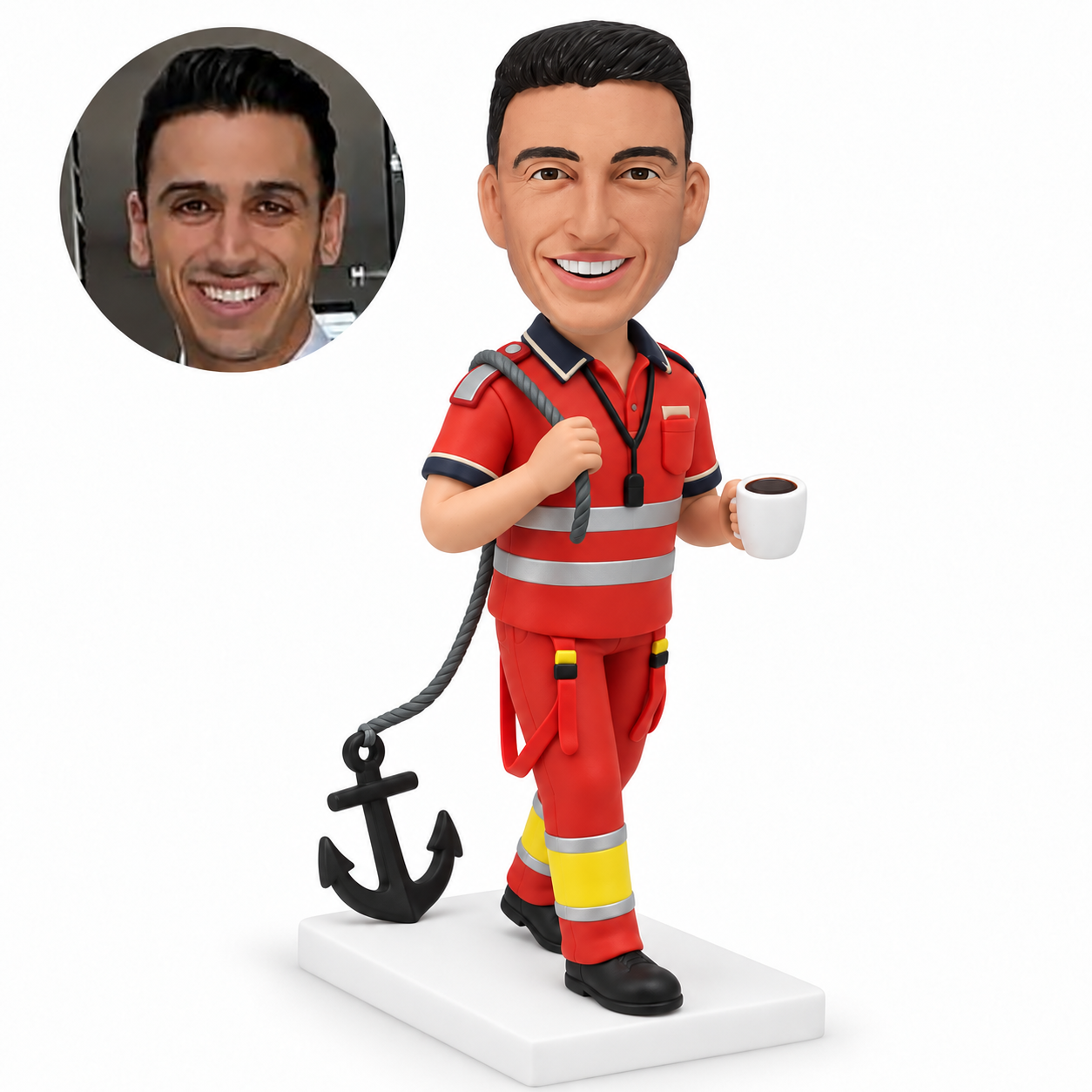 custom bobblehead figure workman holding a coffee cup with an anchor rope over his shoulder