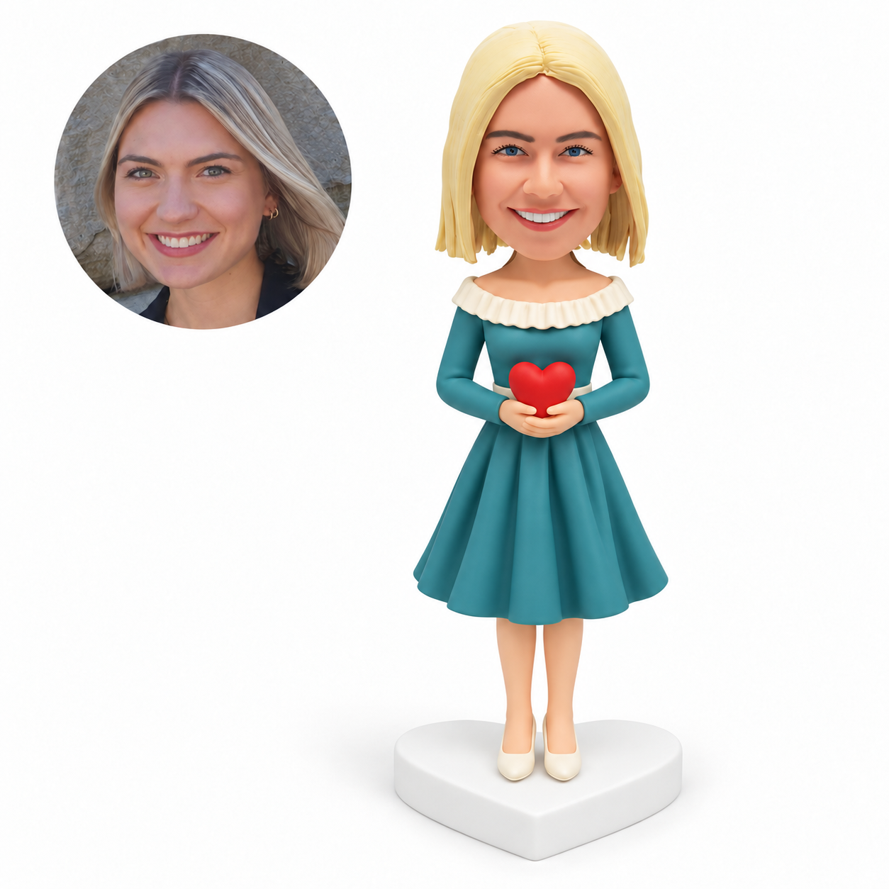 custom bobblehead figure woman cupping a small red heart with both hands at her waist on a heart shaped base