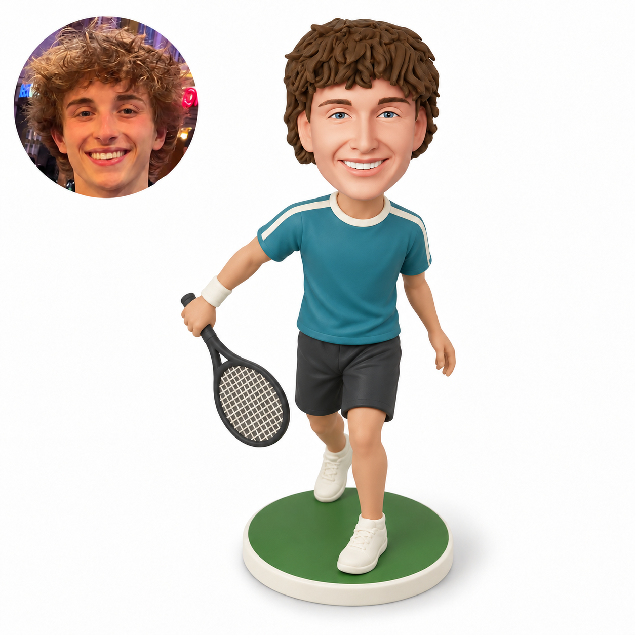 custom bobblehead figure male tennis player stepping forward with a lowered racket in his right hand
