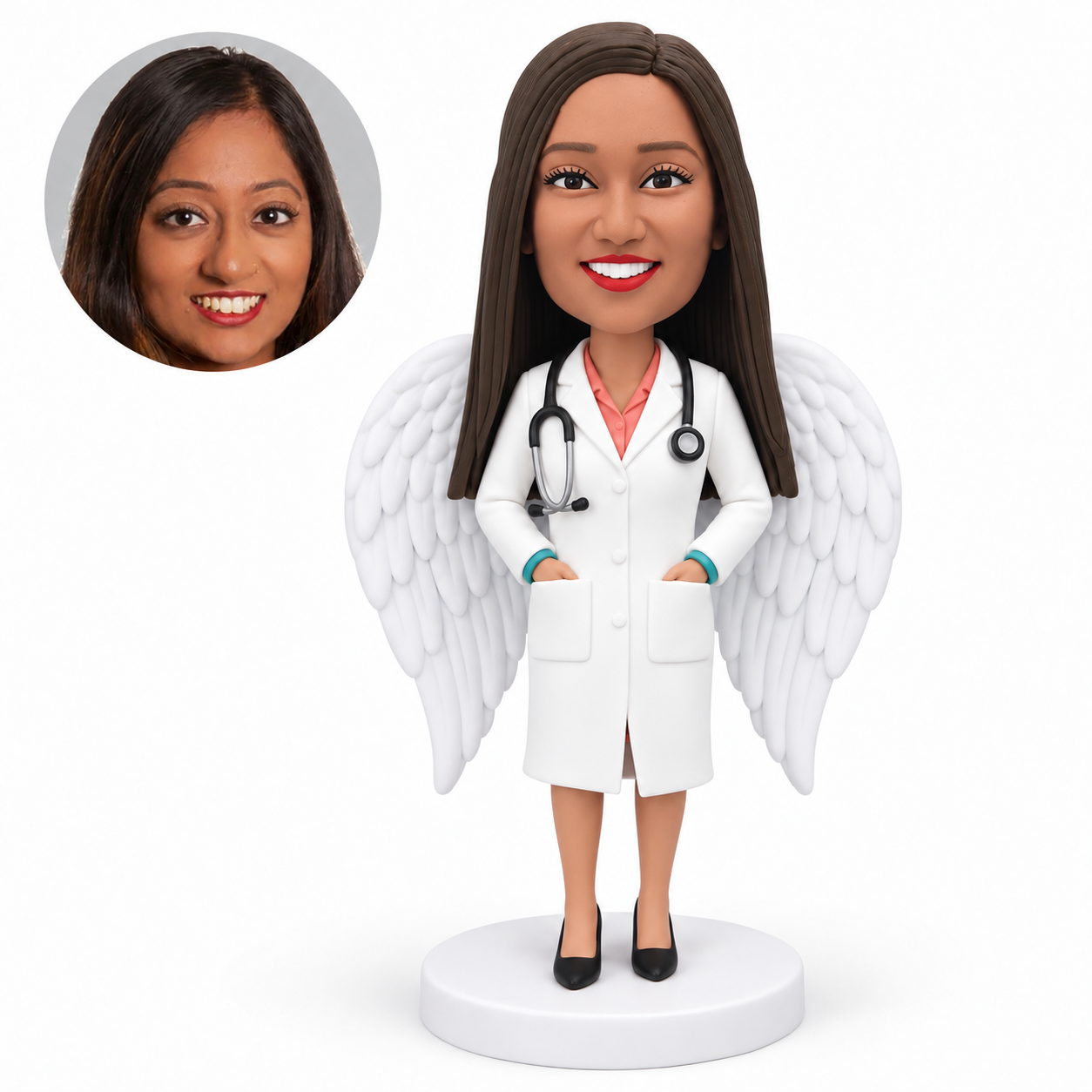 custom bobblehead figure female doctor with two large feathered angel wings and both hands in her coat pockets