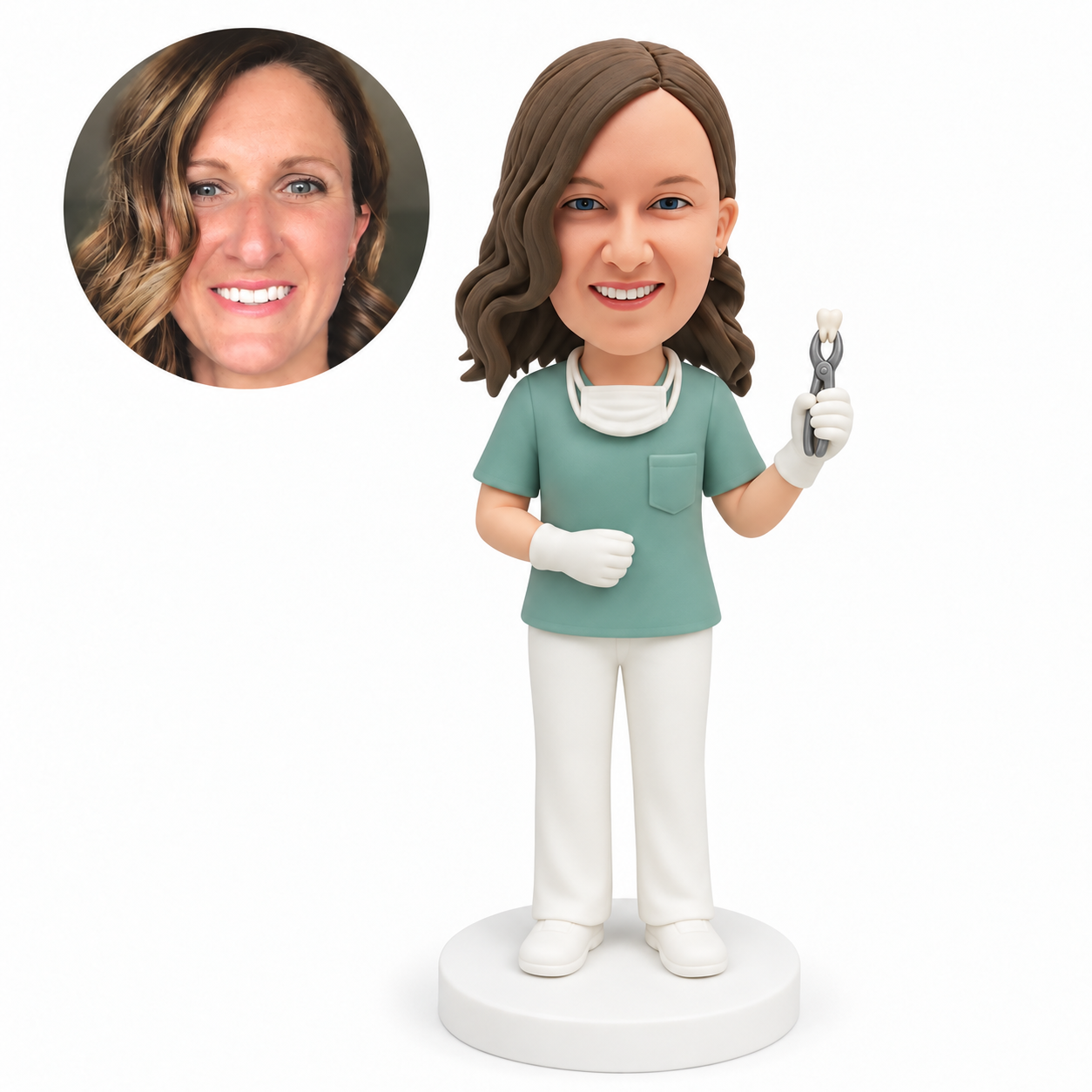custom bobblehead figure female dentist holding a tooth in dental forceps with her other gloved hand closed at her abdomen