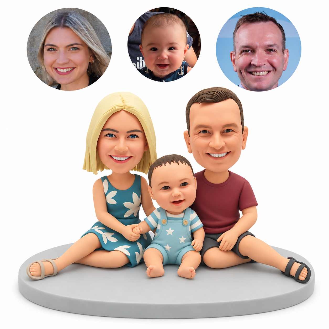 custom bobblehead figures mother and father seated on the floor with their young child in front