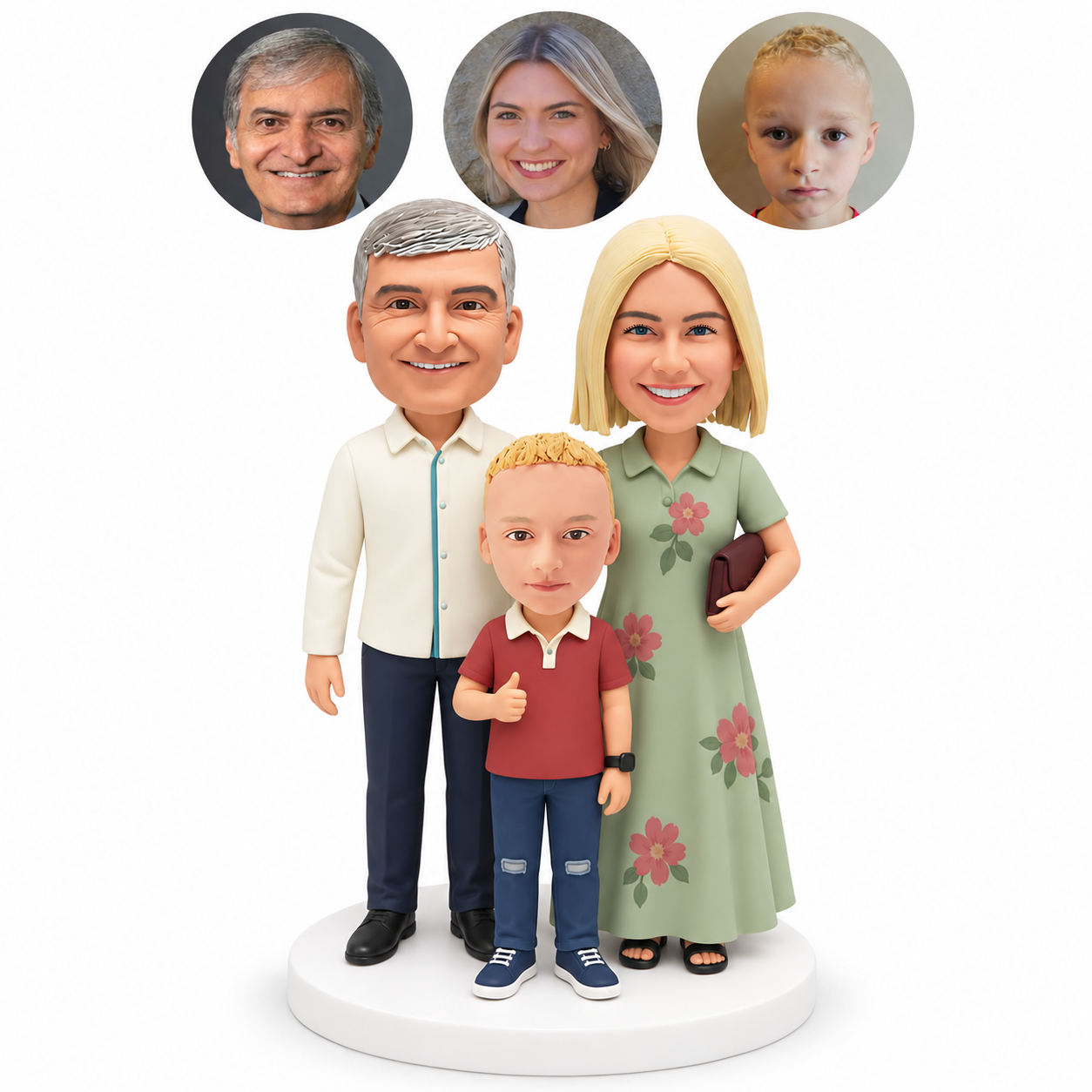 custom bobblehead figures parents standing behind their son giving a thumbs up with the mother holding a clutch bag