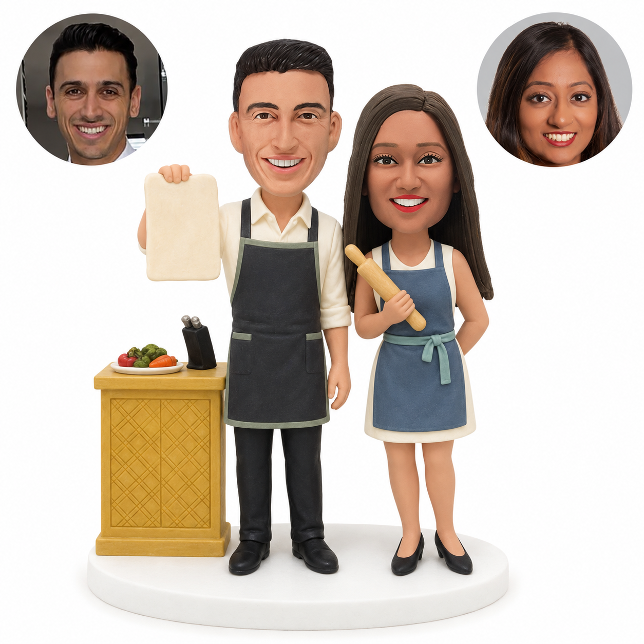 Custom baking couple bobblehead with dough sheet rolling pin and kitchen counter