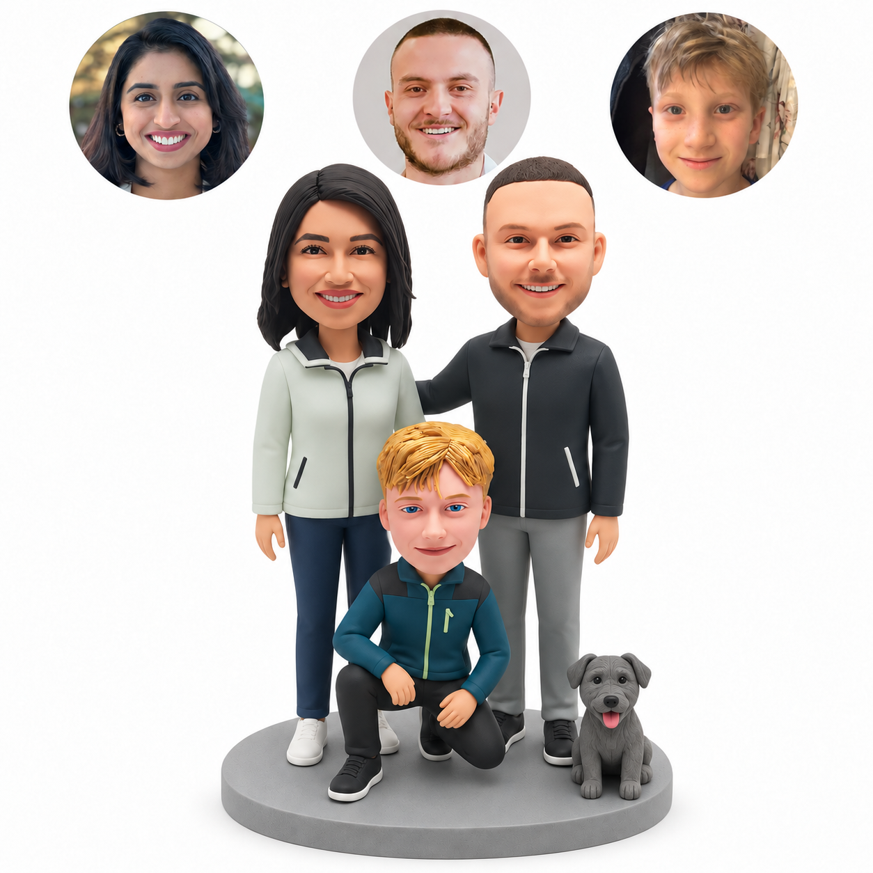 custom bobblehead figures parents standing behind their kneeling son beside a seated sculpted dog