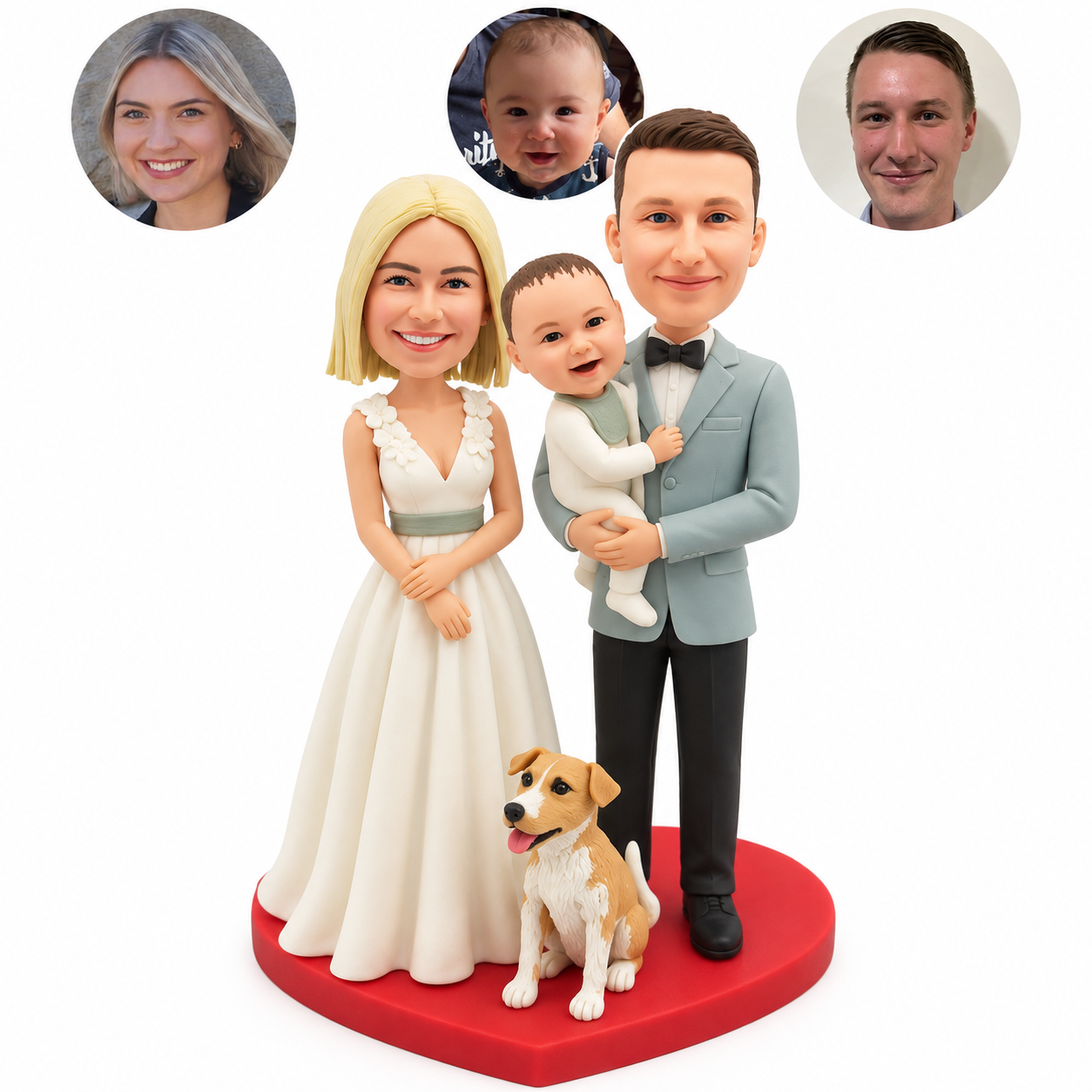Custom clay bobblehead wedding family: ivory-dress bride, groom holding baby, seated dog, red heart base, with three matching portrait circles