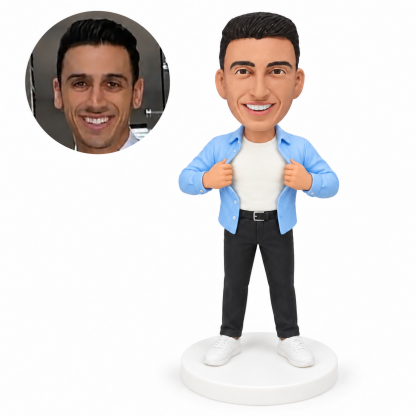 custom bobblehead figure man opening a blue shirt over a T-shirt