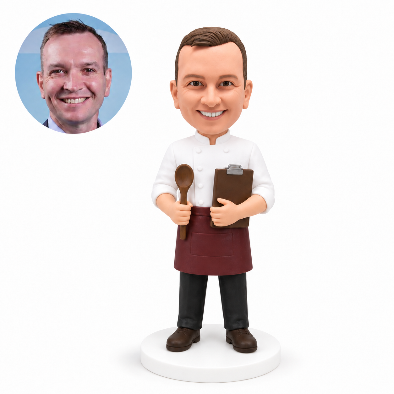 custom bobblehead figure chef holding a spoon and clipboard