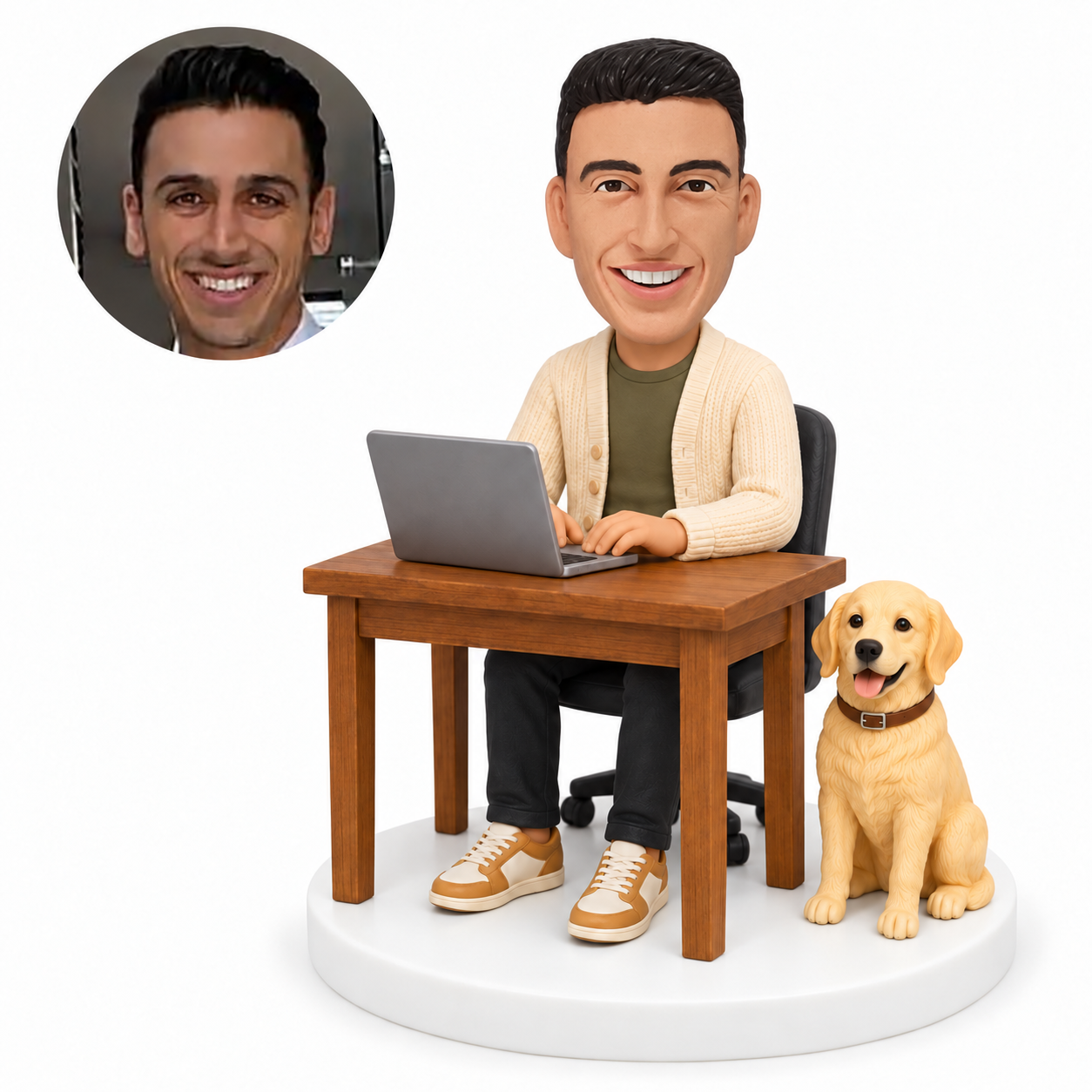 custom bobblehead figure man working at a laptop beside a dog