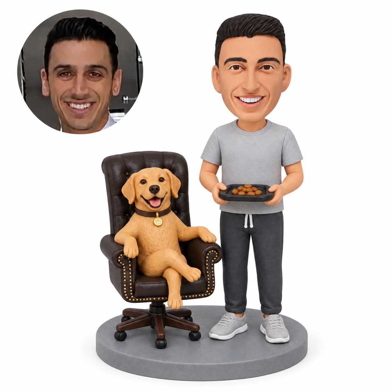 custom bobblehead figure man serving a dog seated in an office chair
