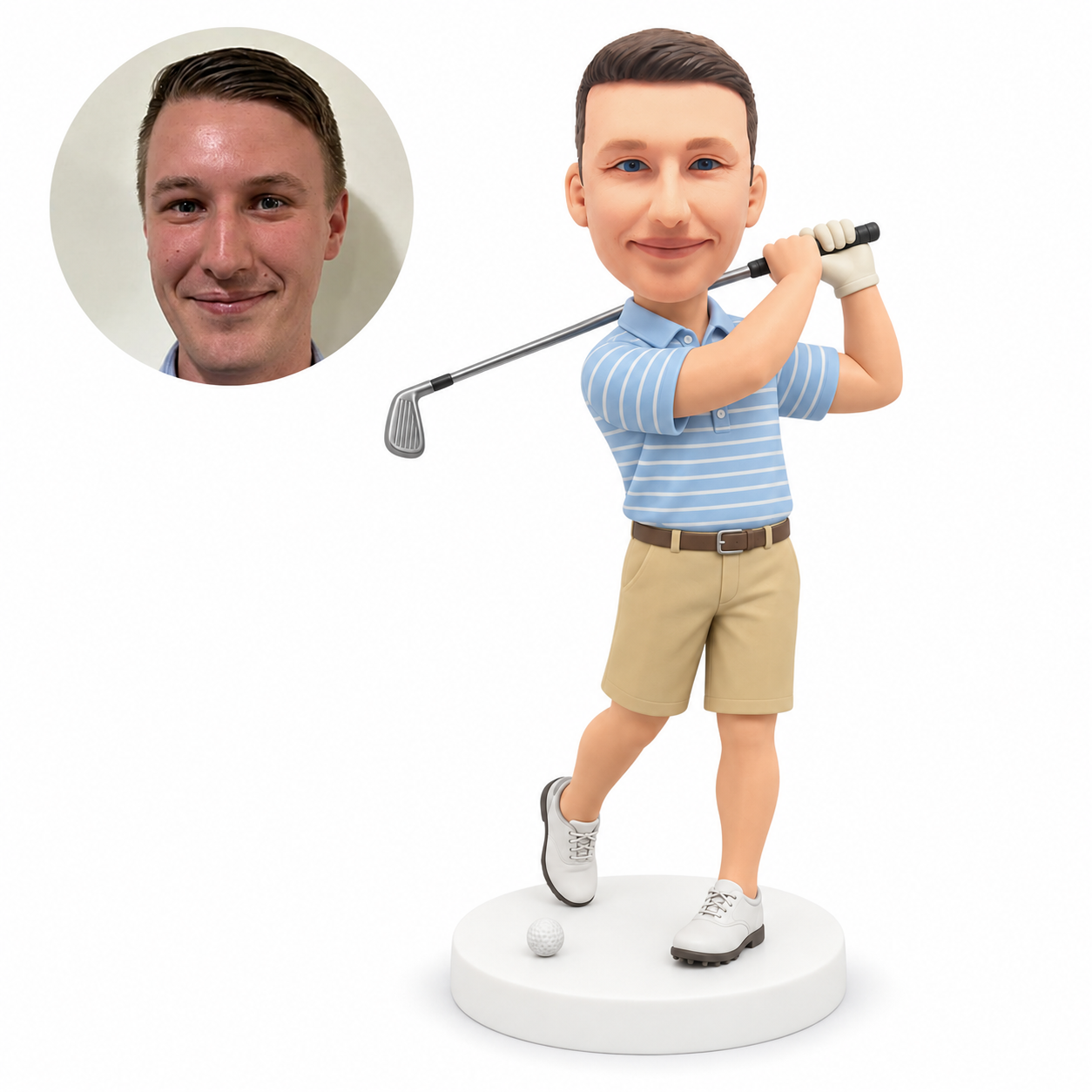 custom bobblehead figure male golfer in shorts finishing an iron swing