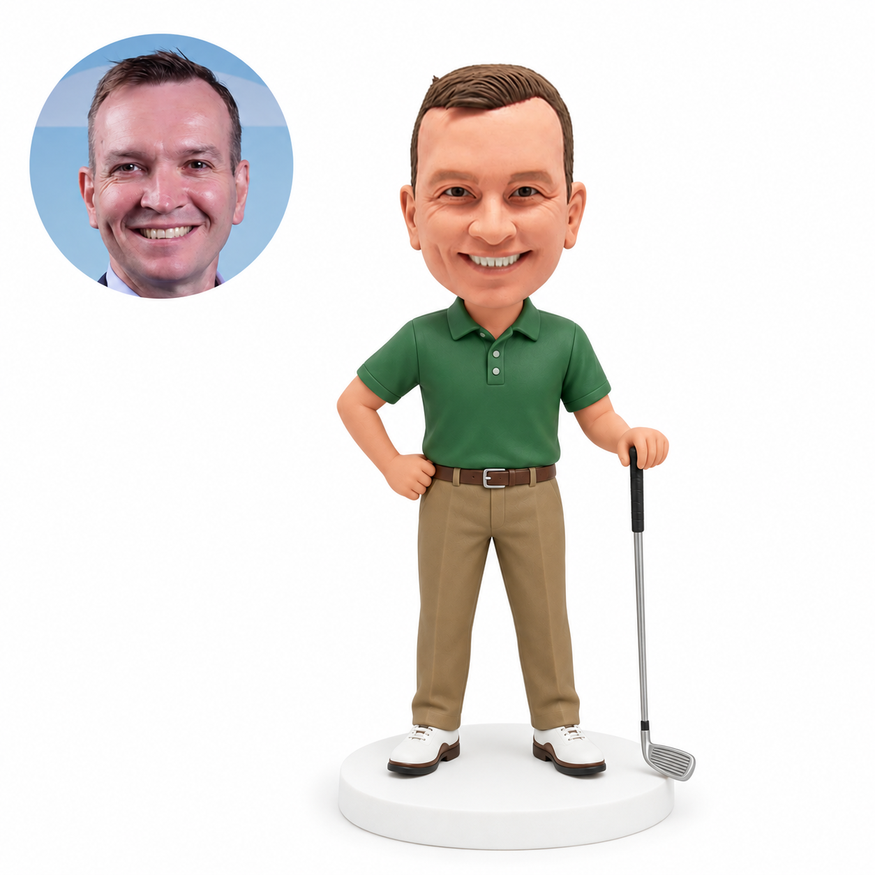 custom bobblehead figure male golfer standing with a grounded club and one hand on his hip