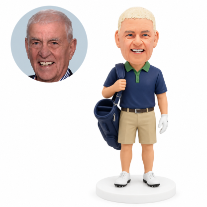 custom bobblehead figure male golfer in shorts carrying a golf bag over his shoulder