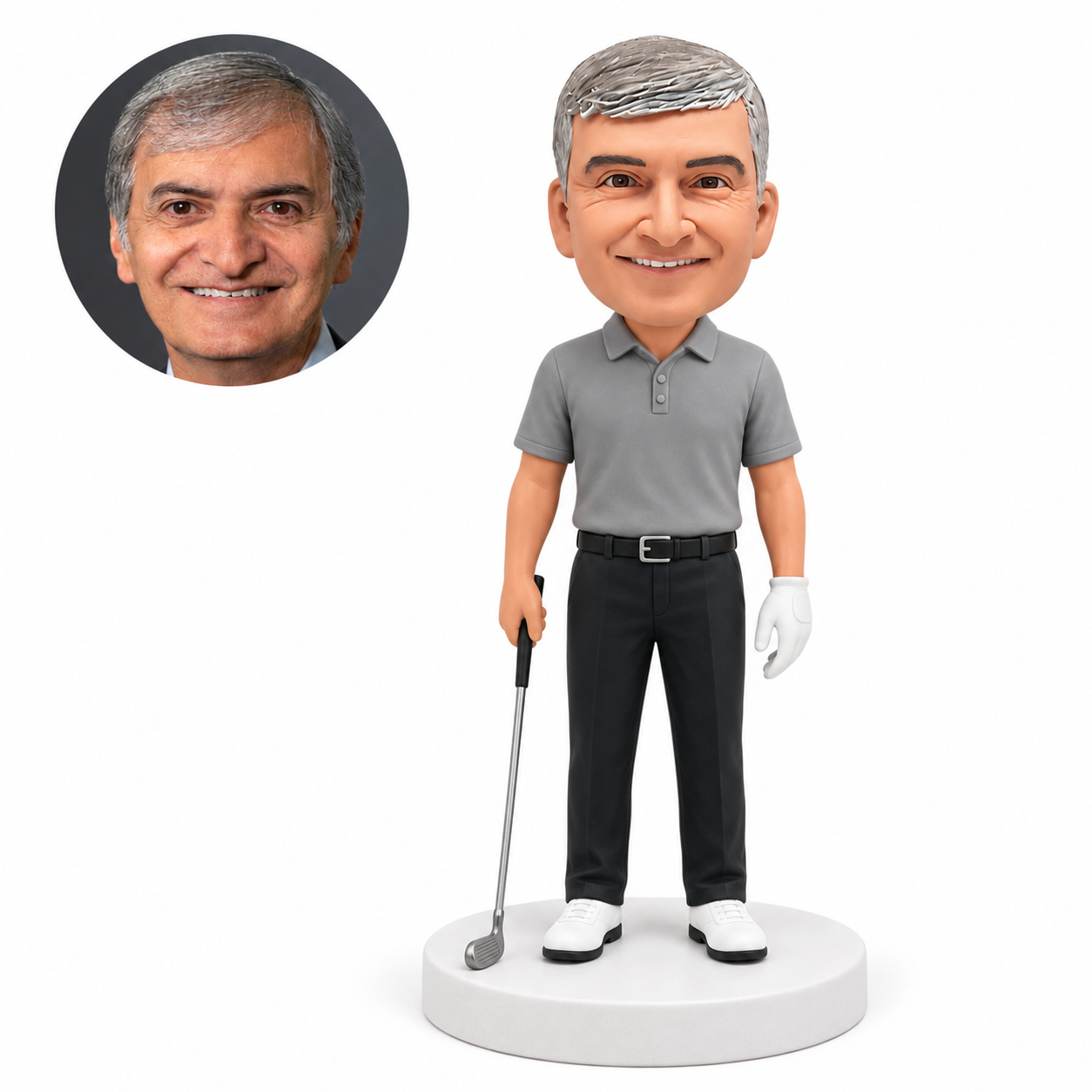 custom bobblehead figure male golfer in trousers standing with a golf club at his side