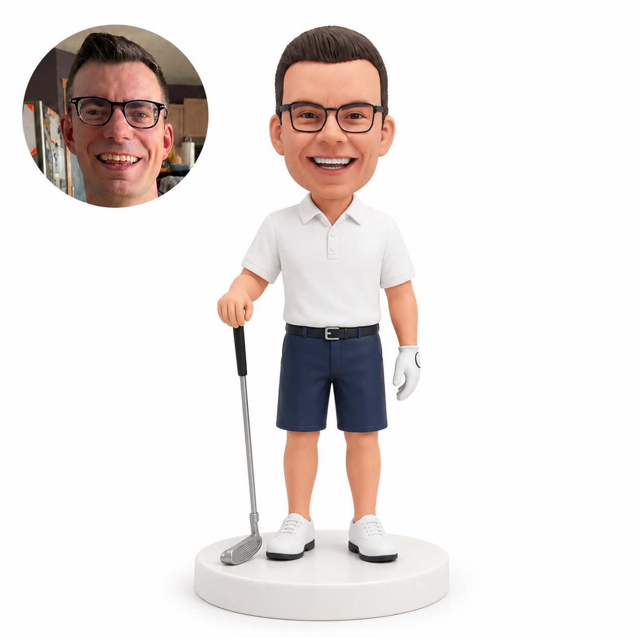 custom bobblehead figure male golfer in shorts standing with one hand resting on a golf club