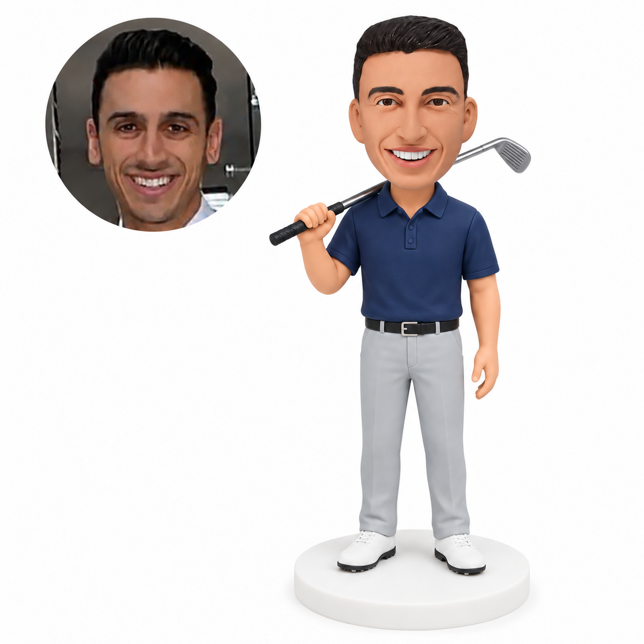 custom bobblehead figure male golfer in trousers carrying a golf club over one shoulder