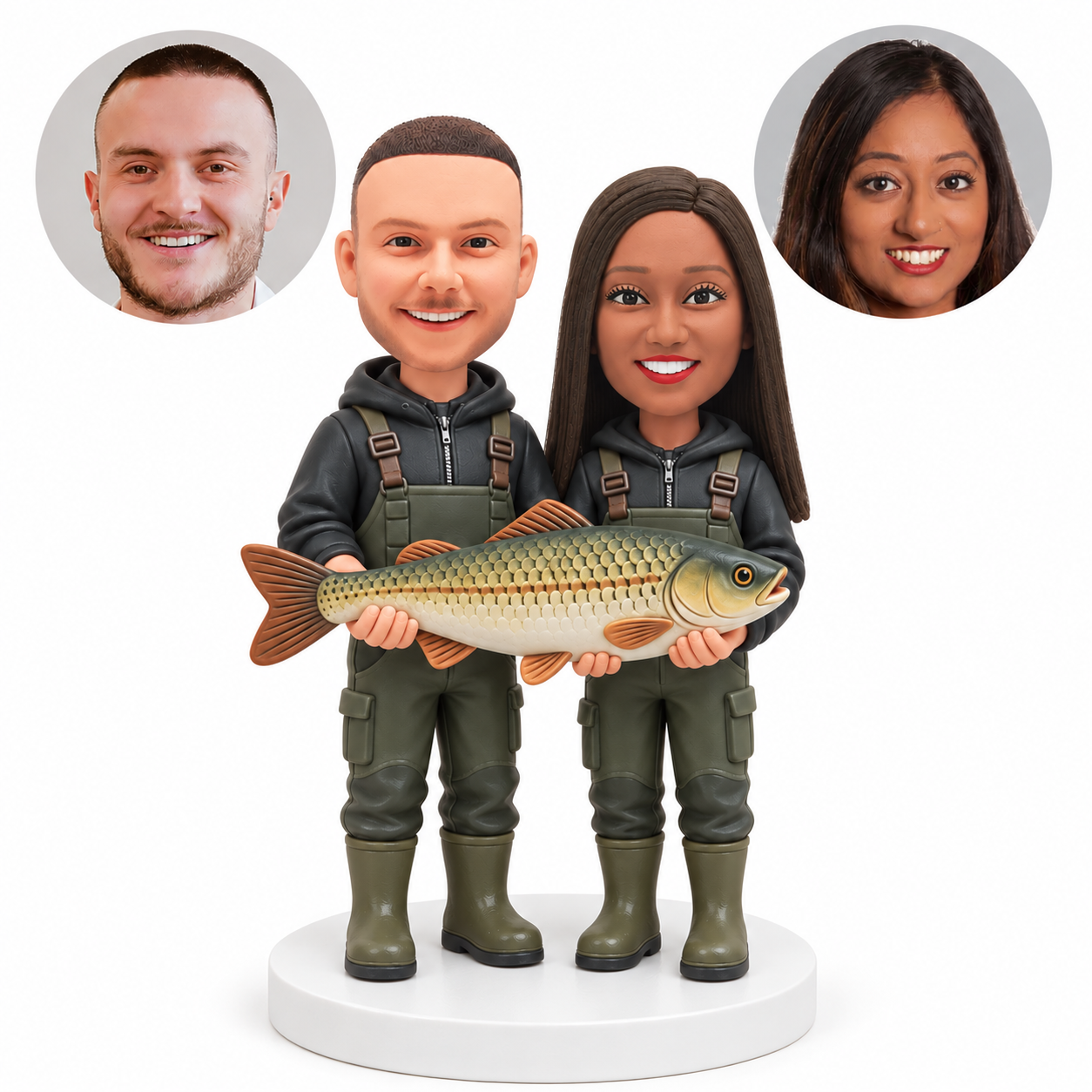 custom bobblehead figures fishing couple in hooded jackets holding one large fish