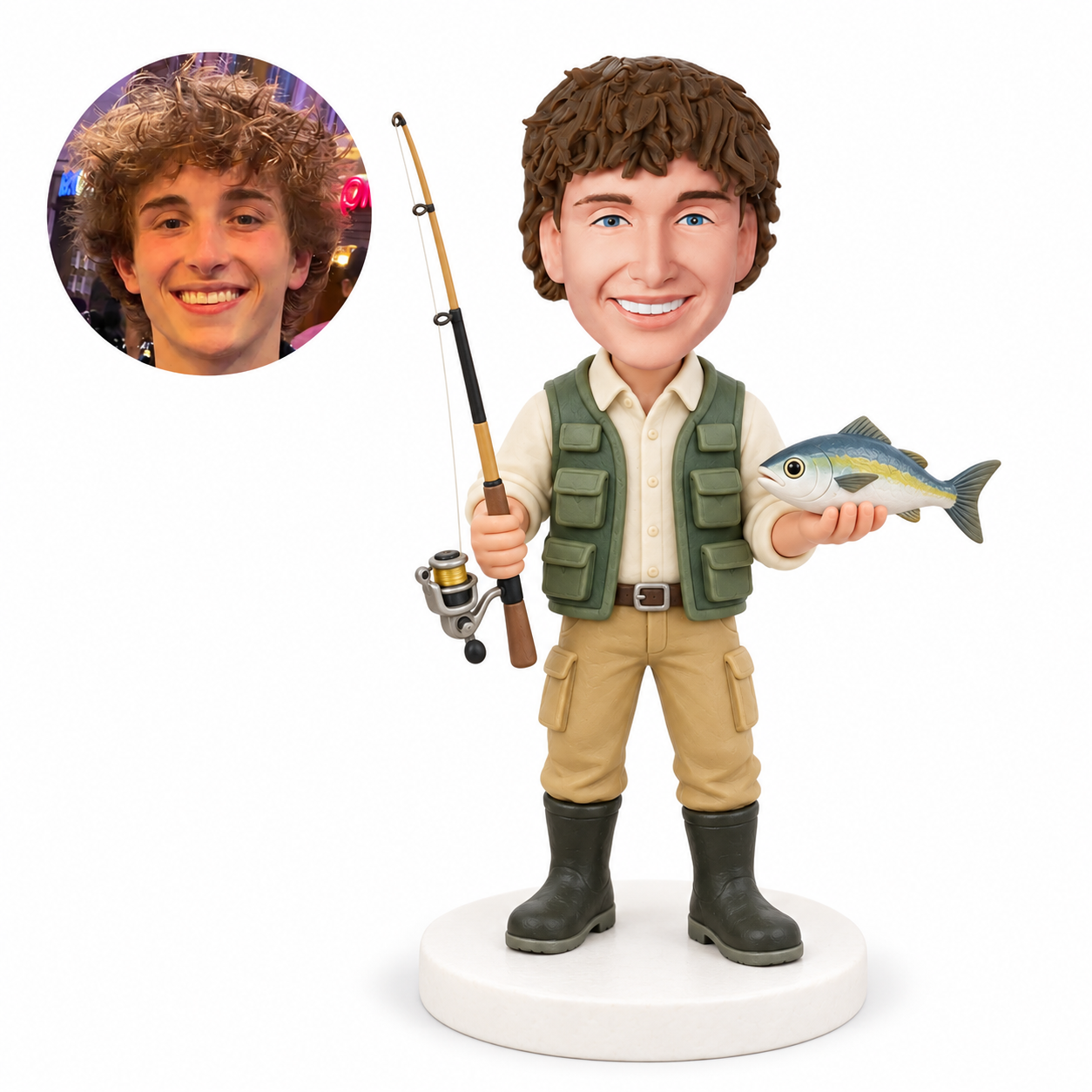 custom bobblehead figure fisherman in a vest holding a rod and a fish on his palm