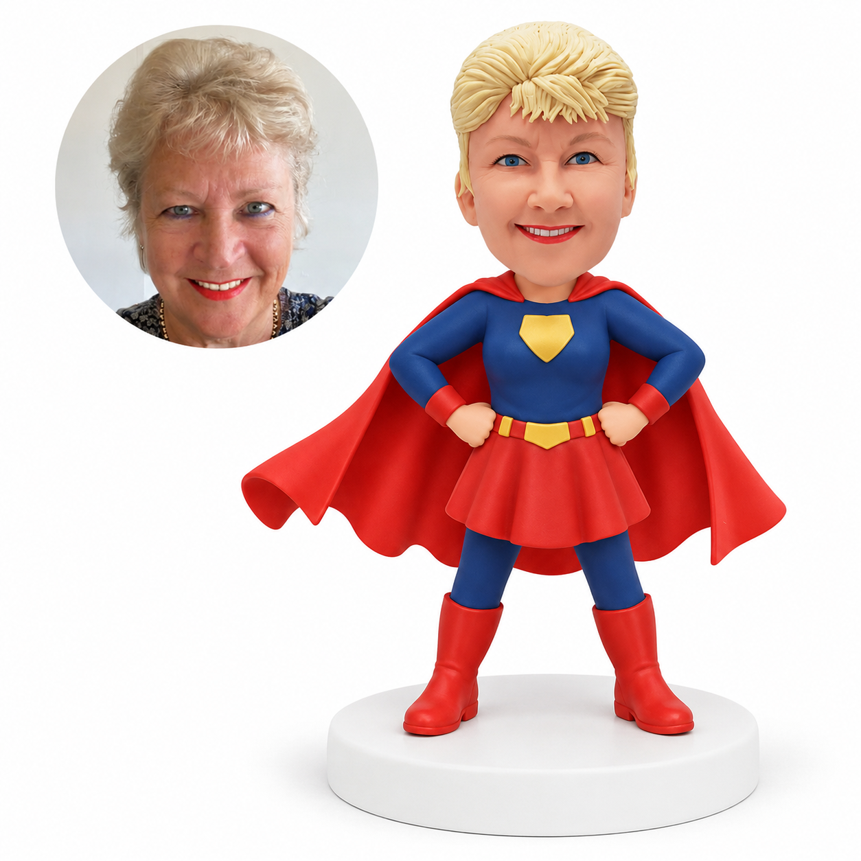 custom bobblehead figure super mom in a skirted superhero outfit with both hands on her hips