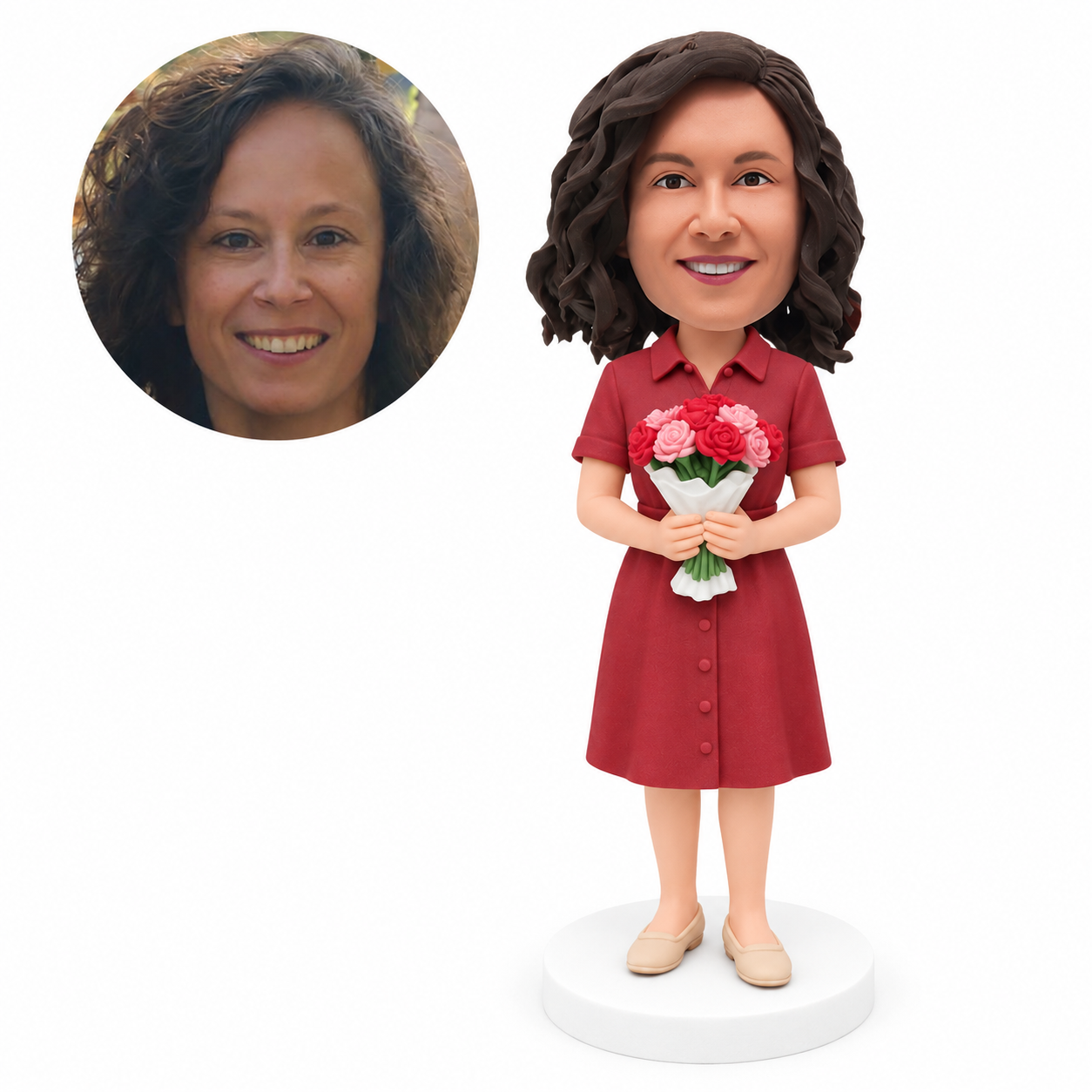 custom bobblehead figure woman in a collared shirt dress holding a bouquet of roses