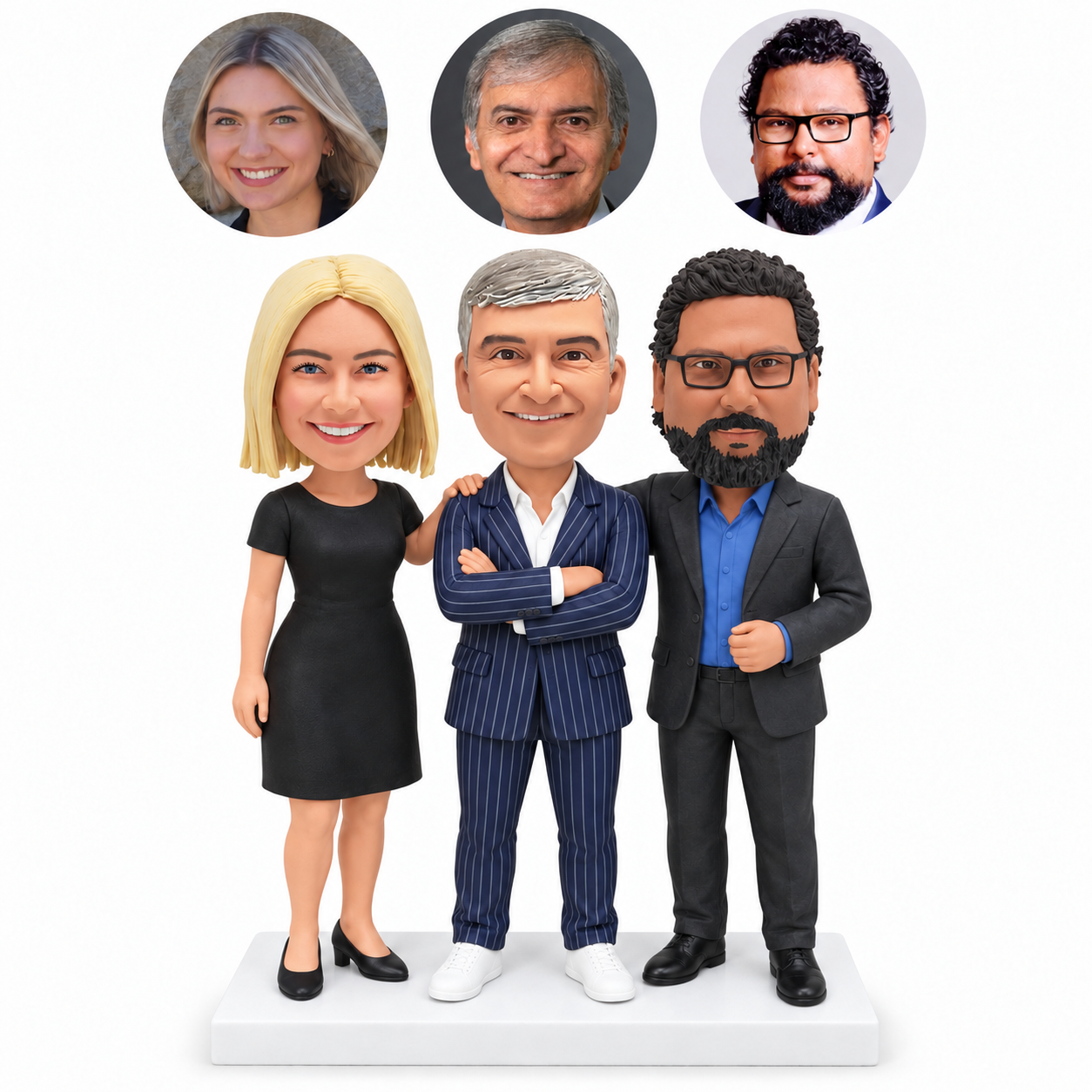 custom bobblehead figures three friends in formal clothes with a man crossing his arms
