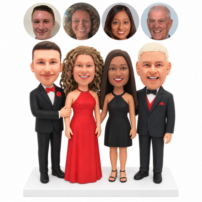 custom bobblehead figures four family members in suits and halter dresses